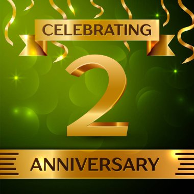 Gerçekçi iki yıl yıldönümü kutlama tasarım. Konfeti ve yeşil zemin üzerine altın şerit. Doğum günü partin için renkli vektör şablon öğeleri. Yıldönümü şerit