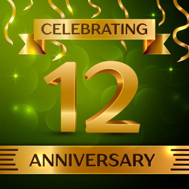 Gerçekçi on iki yıl yıldönümü kutlama tasarım. Konfeti ve yeşil zemin üzerine altın şerit. Doğum günü partin için renkli vektör şablon öğeleri. Yıldönümü şerit