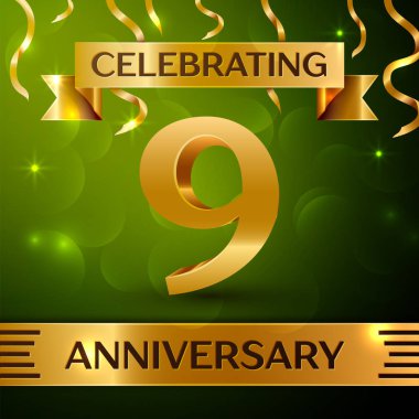 Gerçekçi dokuz yıl yıldönümü kutlama tasarım. Konfeti ve yeşil zemin üzerine altın şerit. Doğum günü partin için renkli vektör şablon öğeleri. Yıldönümü şerit