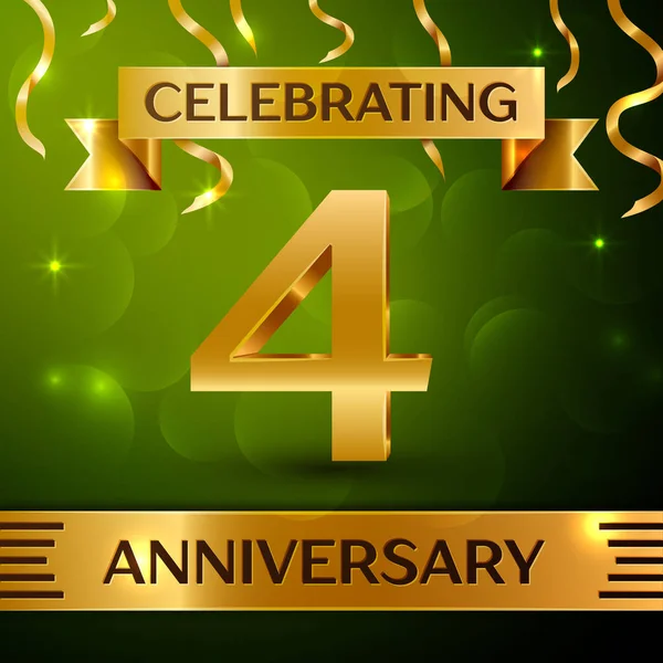 Gerçekçi dört yıl yıldönümü kutlama tasarım. Konfeti ve yeşil zemin üzerine altın şerit. Doğum günü partin için renkli vektör şablon öğeleri. Yıldönümü şerit