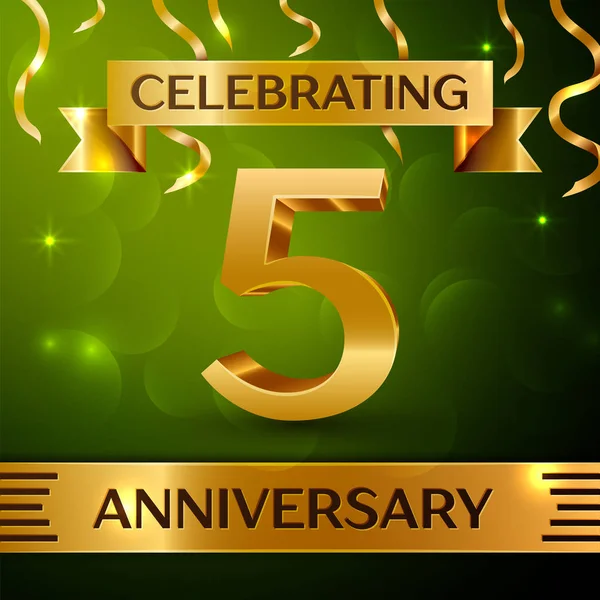 Gerçekçi beş yıl yıldönümü kutlama tasarım. Konfeti ve yeşil zemin üzerine altın şerit. Doğum günü partin için renkli vektör şablon öğeleri. Yıldönümü şerit