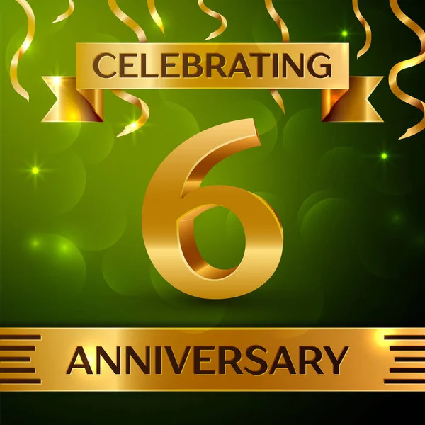 Gerçekçi altı yıl yıldönümü kutlama tasarım. Konfeti ve yeşil zemin üzerine altın şerit. Doğum günü partin için renkli vektör şablon öğeleri. Yıldönümü şerit