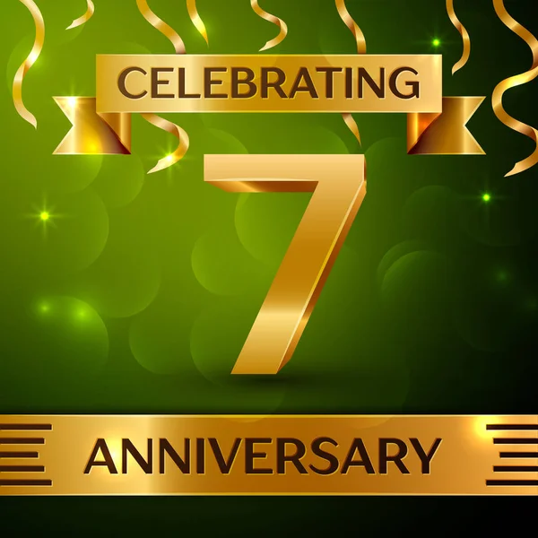 Gerçekçi yedi yıl yıldönümü kutlama tasarım. Konfeti ve yeşil zemin üzerine altın şerit. Doğum günü partin için renkli vektör şablon öğeleri. Yıldönümü şerit
