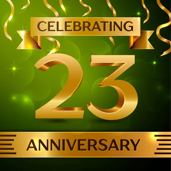 Realistic Twenty three Years Anniversary Celebration Design (en inglés). Confetti y cinta dorada sobre fondo verde. Coloridos elementos de plantilla Vector para su fiesta de cumpleaños. Cinta de aniversario — Vector de stock