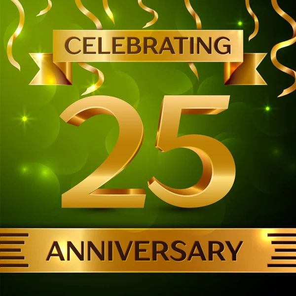 Gerçekçi yirmi beş yıl yıldönümü kutlama tasarım. Konfeti ve yeşil zemin üzerine altın şerit. Doğum günü partin için renkli vektör şablon öğeleri. Yıldönümü şerit