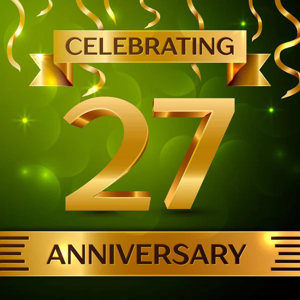 Gerçekçi yirmi yedi yıl yıldönümü kutlama tasarım. Konfeti ve yeşil zemin üzerine altın şerit. Doğum günü partin için renkli vektör şablon öğeleri. Yıldönümü şerit