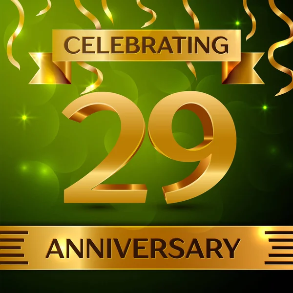 Gerçekçi yirmi dokuz yıl yıldönümü kutlama tasarım. Konfeti ve yeşil zemin üzerine altın şerit. Doğum günü partin için renkli vektör şablon öğeleri. Yıldönümü şerit