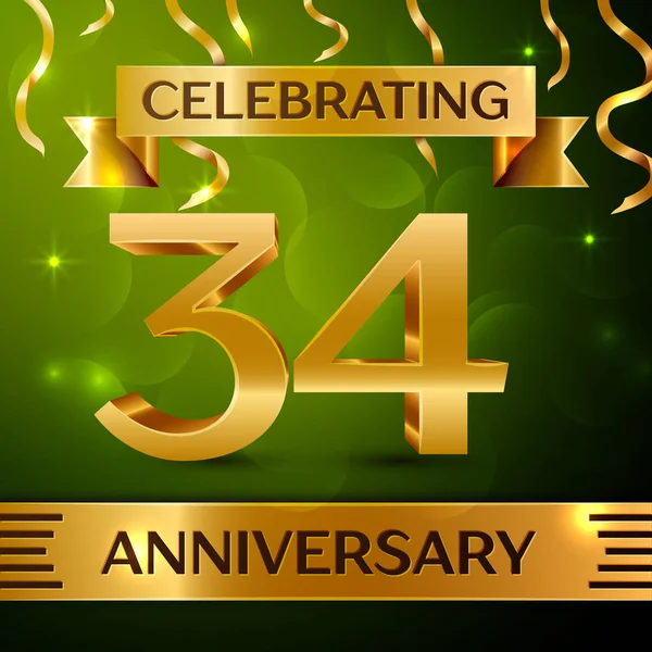 Gerçekçi otuz dört yıl yıldönümü kutlama tasarım. Konfeti ve yeşil zemin üzerine altın şerit. Doğum günü partin için renkli vektör şablon öğeleri. Yıldönümü şerit