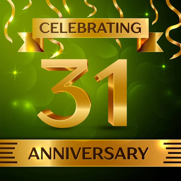 Gerçekçi otuz bir yıl yıldönümü kutlama tasarım. Konfeti ve yeşil zemin üzerine altın şerit. Doğum günü partin için renkli vektör şablon öğeleri. Yıldönümü şerit