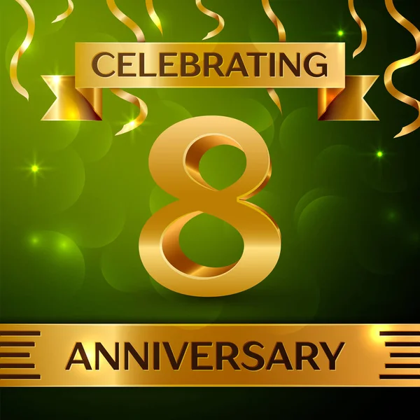 Gerçekçi sekiz yıl yıldönümü kutlama tasarım. Konfeti ve yeşil zemin üzerine altın şerit. Doğum günü partin için renkli vektör şablon öğeleri. Yıldönümü şerit