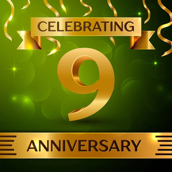 Gerçekçi dokuz yıl yıldönümü kutlama tasarım. Konfeti ve yeşil zemin üzerine altın şerit. Doğum günü partin için renkli vektör şablon öğeleri. Yıldönümü şerit