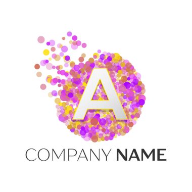 Kırmızı, purle, sarı parçacıklar ve beyaz arka plan üzerinde daire kabarcık noktalar ile gerçekçi harf A logo. Tasarımınız için vektör şablonu