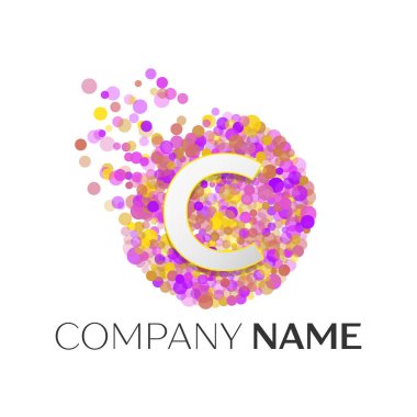 Kırmızı, purle, sarı parçacıklar ve beyaz arka plan üzerinde daire kabarcık noktalar ile gerçekçi harfi C logo. Tasarımınız için vektör şablonu