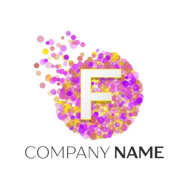Gerçekçi harfi F logosu ile kırmızı, purle, sarı parçacıklar ve kabarcık noktalar beyaz arka plan üzerinde bir dairede. Tasarımınız için vektör şablonu