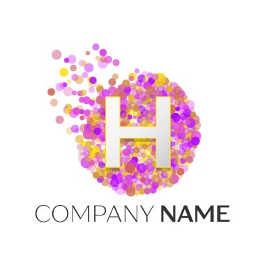 Gerçekçi H harfi kırmızı, purle, sarı parçacıklar ve kabarcık noktalar beyaz arka plan üzerinde bir dairede logolu. Tasarımınız için vektör şablonu