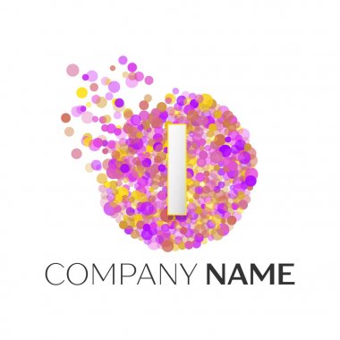 Gerçekçi harf ı kırmızı, purle, sarı parçacıkları ile logo ve beyaz arka plan üzerinde daire içinde nokta kabarcık. Tasarımınız için vektör şablonu