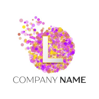 Gerçekçi L harfi kırmızı, purle, sarı parçacıklar ve kabarcık noktalar beyaz arka plan üzerinde bir dairede logolu. Tasarımınız için vektör şablonu
