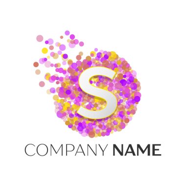 Gerçekçi S harfi kırmızı, purle, sarı parçacıklar ve kabarcık noktalar beyaz arka plan üzerinde bir dairede logolu. Tasarımınız için vektör şablonu
