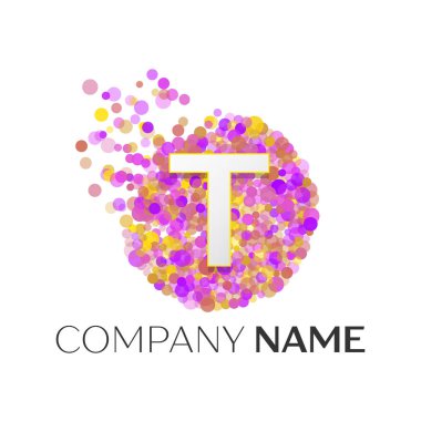 Kırmızı, purle, sarı parçacıklar ve beyaz arka plan üzerinde daire kabarcık noktalar ile gerçekçi mektup T logo. Tasarımınız için vektör şablonu