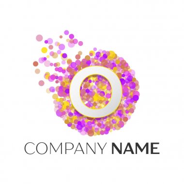 Gerçekçi harf O kırmızı, purle, sarı parçacıklar ve kabarcık noktalar beyaz arka plan üzerinde bir dairede logolu. Tasarımınız için vektör şablonu