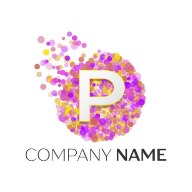 Gerçekçi mektup P logosunu kırmızı, purle, sarı parçacıklar ve kabarcık noktalar beyaz arka plan üzerinde bir dairede. Tasarımınız için vektör şablonu