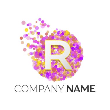 Gerçekçi harf R kırmızı, purle, sarı parçacıklar ve kabarcık noktalar beyaz arka plan üzerinde bir dairede logolu. Tasarımınız için vektör şablonu