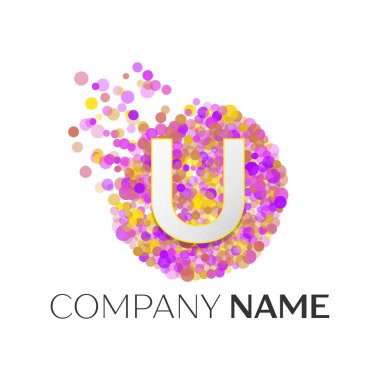 Gerçekçi harf U kırmızı, purle, sarı parçacıklar ve kabarcık noktalar beyaz arka plan üzerinde bir dairede logolu. Tasarımınız için vektör şablonu