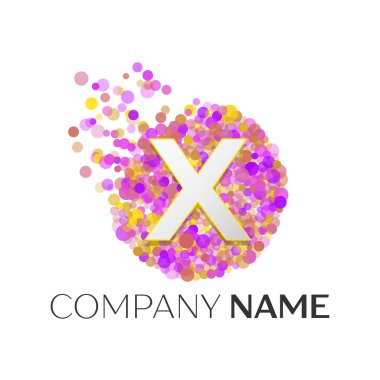 Gerçekçi mektup X kırmızı, purle, sarı parçacıklar ve kabarcık noktalar beyaz arka plan üzerinde bir dairede logolu. Tasarımınız için vektör şablonu