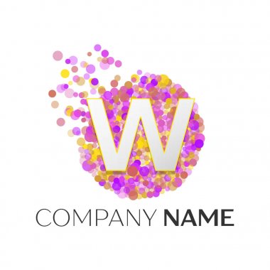 Kırmızı, purle, sarı parçacıklar ve beyaz arka plan üzerinde daire kabarcık noktalar ile gerçekçi mektup W logo. Tasarımınız için vektör şablonu