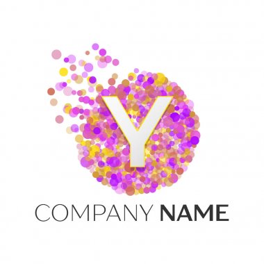Gerçekçi mektup Y kırmızı, purle, sarı parçacıklar ve kabarcık noktalar beyaz arka plan üzerinde bir dairede logolu. Tasarımınız için vektör şablonu