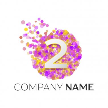 Gerçekçi iki numaralı kırmızı, purle, sarı parçacıklar ve kabarcık noktalar beyaz arka plan üzerinde bir dairede logolu. Tasarımınız için vektör şablonu