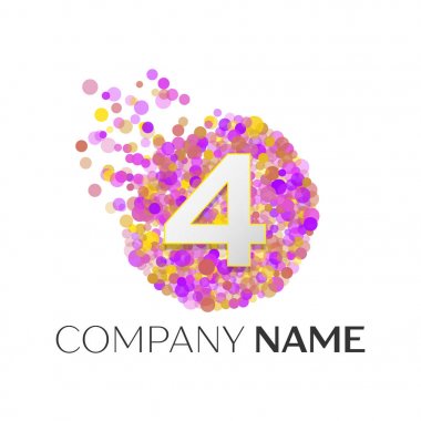 Gerçekçi dört numaralı kırmızı, purle, sarı parçacıklar ve kabarcık noktalar beyaz arka plan üzerinde bir dairede logolu. Tasarımınız için vektör şablonu