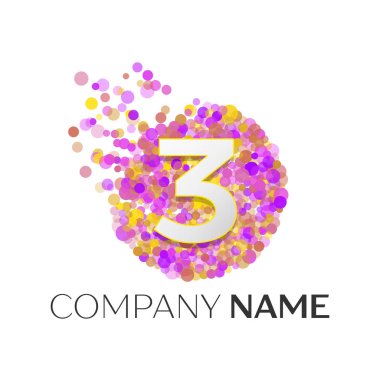Gerçekçi üç numaralı kırmızı, purle, sarı parçacıklar ve kabarcık noktalar beyaz arka plan üzerinde bir dairede logolu. Tasarımınız için vektör şablonu