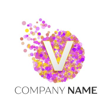 Gerçekçi harf V kırmızı, purle, sarı parçacıklar ve kabarcık noktalar beyaz arka plan üzerinde bir dairede logolu. Tasarımınız için vektör şablonu
