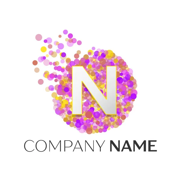 Realistic Letter N logo with red, purle, yellow particles and bubble dots in circle on white background. Vector template for your design — Stock Vector