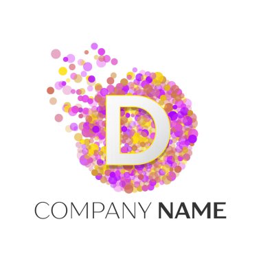 Kırmızı, purle, sarı parçacıklar ve beyaz arka plan üzerinde daire kabarcık noktalar ile gerçekçi mektup D logo. Tasarımınız için vektör şablonu