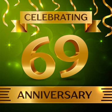 Gerçekçi Altmış dokuz yıl yıldönümü kutlama tasarım. Konfeti ve yeşil zemin üzerine altın şerit. Doğum günü partin için renkli vektör şablon öğeleri. Yıldönümü şerit