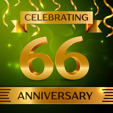 Gerçekçi altmış altı yıl yıldönümü kutlama tasarım. Konfeti ve yeşil zemin üzerine altın şerit. Doğum günü partin için renkli vektör şablon öğeleri. Yıldönümü şerit