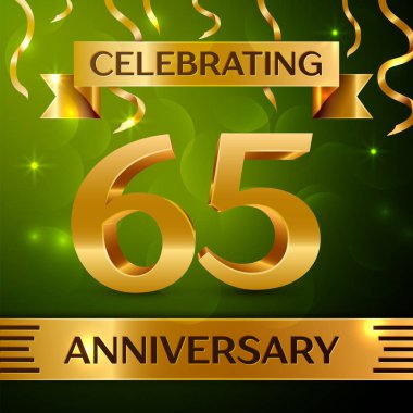 Gerçekçi altmış beş yıl yıldönümü kutlama tasarım. Konfeti ve yeşil zemin üzerine altın şerit. Doğum günü partin için renkli vektör şablon öğeleri. Yıldönümü şerit