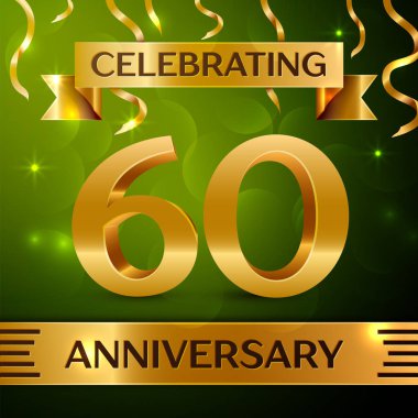 Gerçekçi altmış yıl yıldönümü kutlama tasarım. Konfeti ve yeşil zemin üzerine altın şerit. Doğum günü partin için renkli vektör şablon öğeleri. Yıldönümü şerit