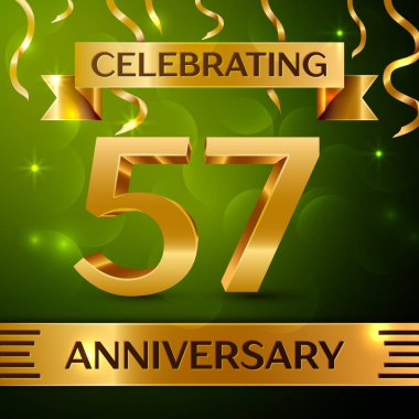 Gerçekçi elli yedi yıl yıldönümü kutlama tasarım. Konfeti ve yeşil zemin üzerine altın şerit. Doğum günü partin için renkli vektör şablon öğeleri. Yıldönümü şerit