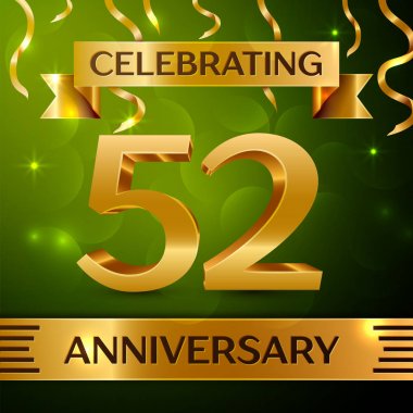 Gerçekçi elli iki yıl yıldönümü kutlama tasarım. Konfeti ve yeşil zemin üzerine altın şerit. Doğum günü partin için renkli vektör şablon öğeleri. Yıldönümü şerit