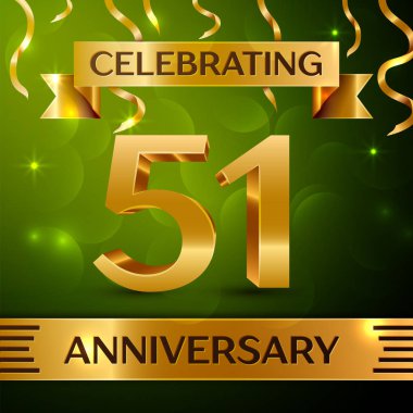 Gerçekçi elli bir yıl yıldönümü kutlama tasarım. Konfeti ve yeşil zemin üzerine altın şerit. Doğum günü partin için renkli vektör şablon öğeleri. Yıldönümü şerit