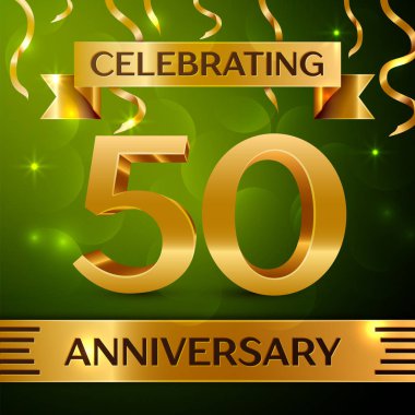Gerçekçi elli yıl yıldönümü kutlama tasarım. Konfeti ve yeşil zemin üzerine altın şerit. Doğum günü partin için renkli vektör şablon öğeleri. Yıldönümü şerit