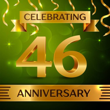 Gerçekçi kırk altı yıl yıldönümü kutlama tasarım. Konfeti ve yeşil zemin üzerine altın şerit. Doğum günü partin için renkli vektör şablon öğeleri. Yıldönümü şerit