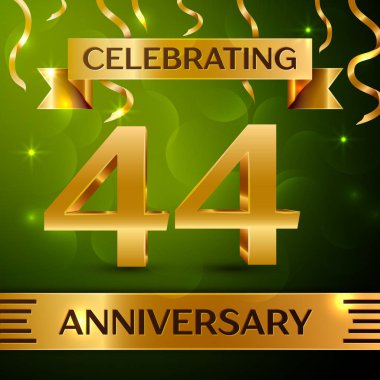 Gerçekçi kırk dört yıl yıldönümü kutlama tasarım. Konfeti ve yeşil zemin üzerine altın şerit. Doğum günü partin için renkli vektör şablon öğeleri. Yıldönümü şerit