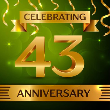 Gerçekçi kırk üç yıl yıldönümü kutlama tasarım. Konfeti ve yeşil zemin üzerine altın şerit. Doğum günü partin için renkli vektör şablon öğeleri. Yıldönümü şerit