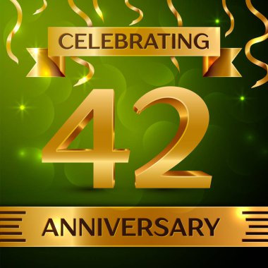 Gerçekçi kırk iki yıl yıldönümü kutlama tasarım. Konfeti ve yeşil zemin üzerine altın şerit. Doğum günü partin için renkli vektör şablon öğeleri. Yıldönümü şerit