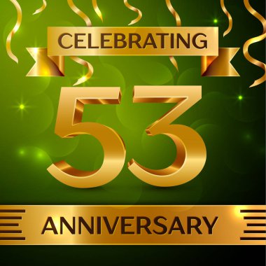 Gerçekçi elli üç yıl yıldönümü kutlama tasarım. Konfeti ve yeşil zemin üzerine altın şerit. Doğum günü partin için renkli vektör şablon öğeleri. Yıldönümü şerit