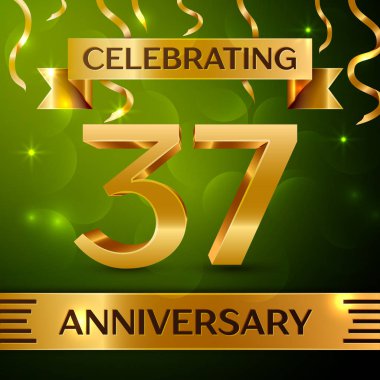 Gerçekçi otuz yedi yıl yıldönümü kutlama tasarım. Konfeti ve yeşil zemin üzerine altın şerit. Doğum günü partin için renkli vektör şablon öğeleri. Yıldönümü şerit